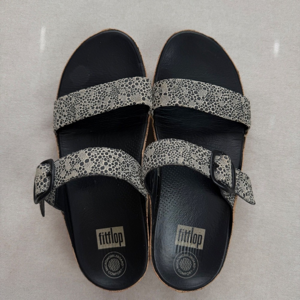 Fitflop Sz 10 Stack Slide Sandal Black White Cirque Print Platform Wedge Comfort - Picture 3 of 7
